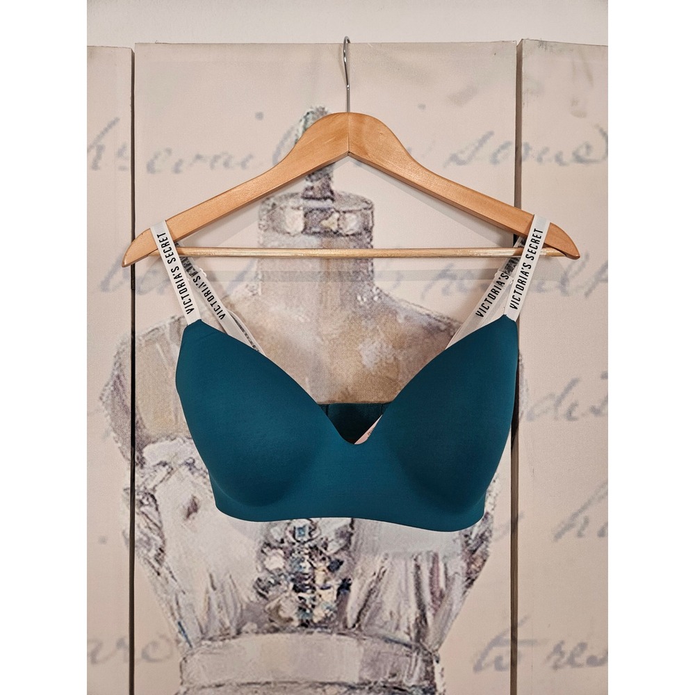 Victorias Secret T-Shirt Lightly Lined Wireless Bra Teal Logo Straps 34DD 373074